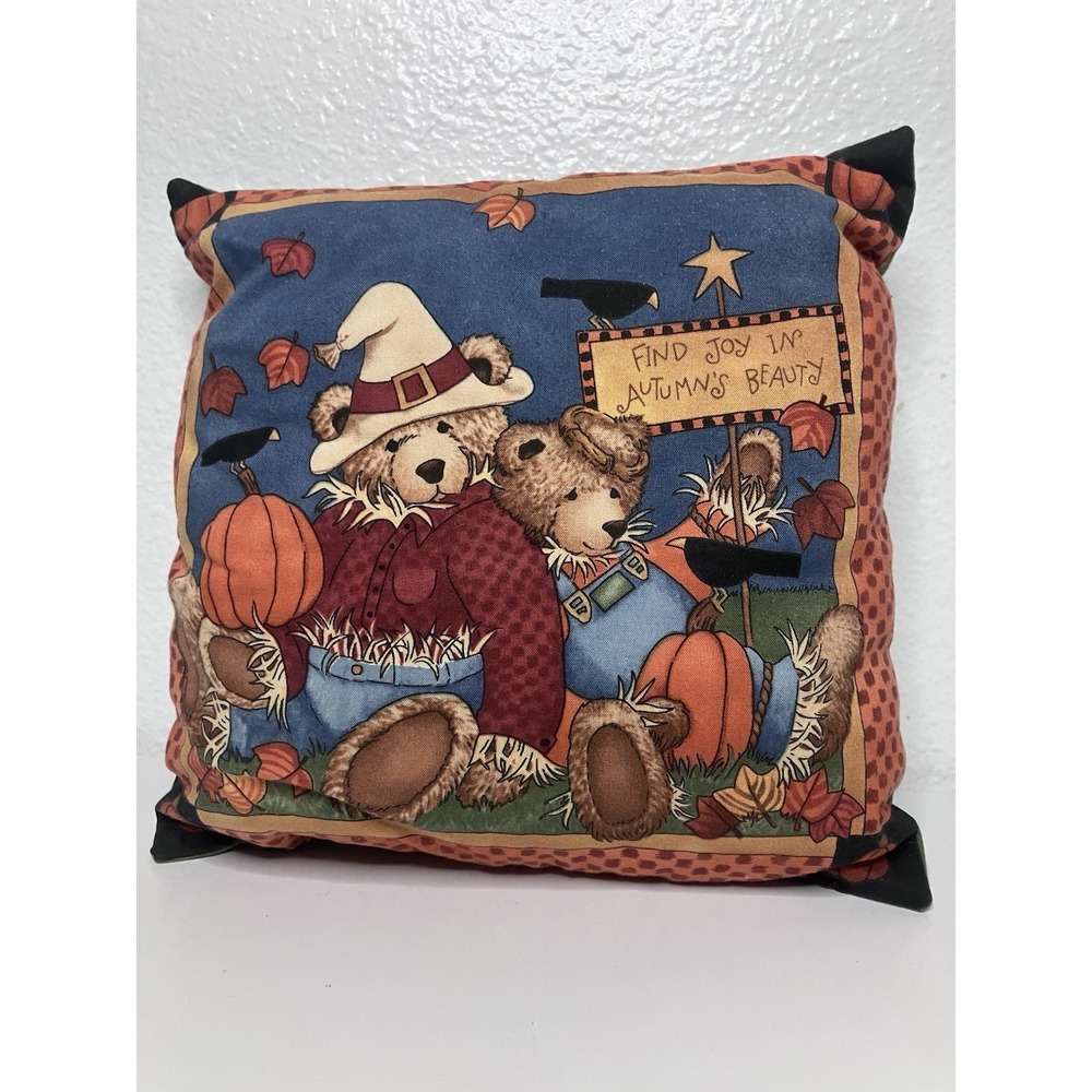 Handmade Vintage Teddy Bear Pumpkin 9x9" Decor Pillow Autumn Fall Scarecrow